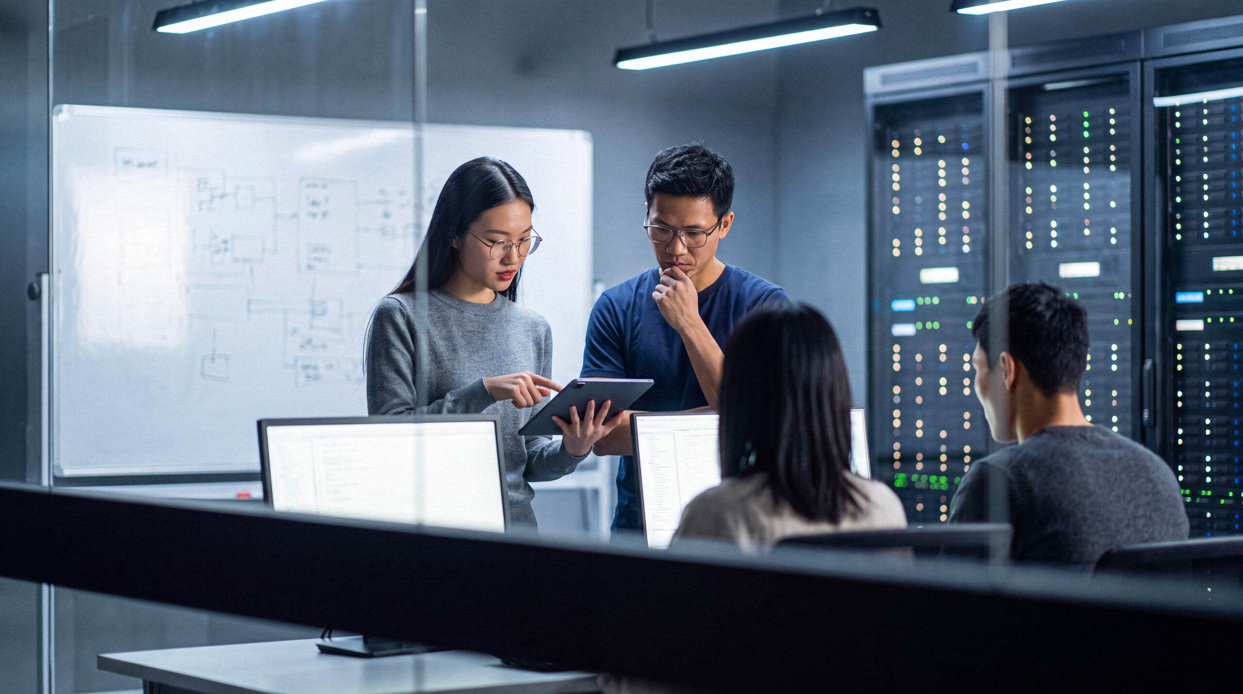 Vier IT-Fachleute besprechen digitale Infrastruktur in einem modernen Rechenzentrum.